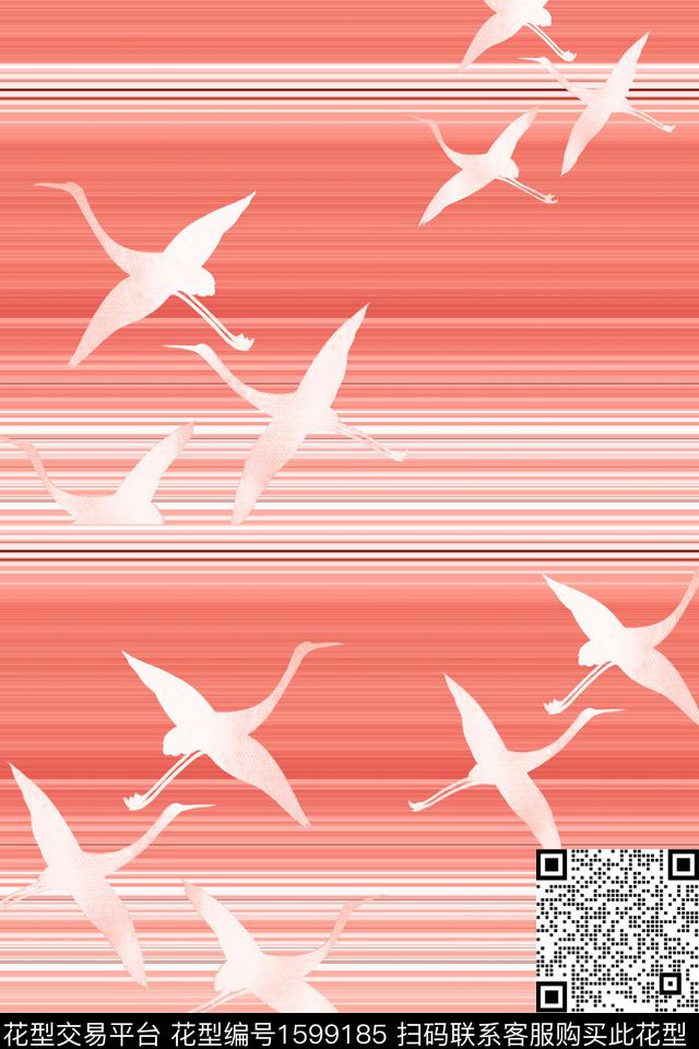 中国风条纹仙鹤数码印花花型下载（图片编号: 1599185） - 瓦栏（Walan）