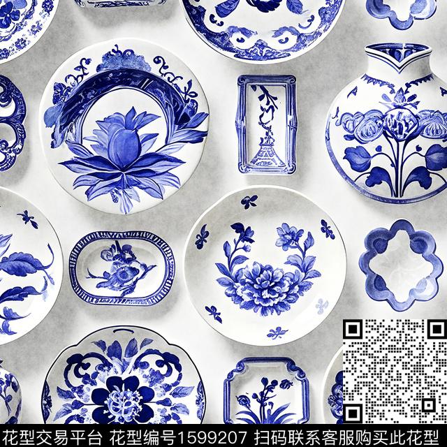 中国风花鸟青花瓷数码印花花型下载（图片编号: 1599207） - 瓦栏（Walan）