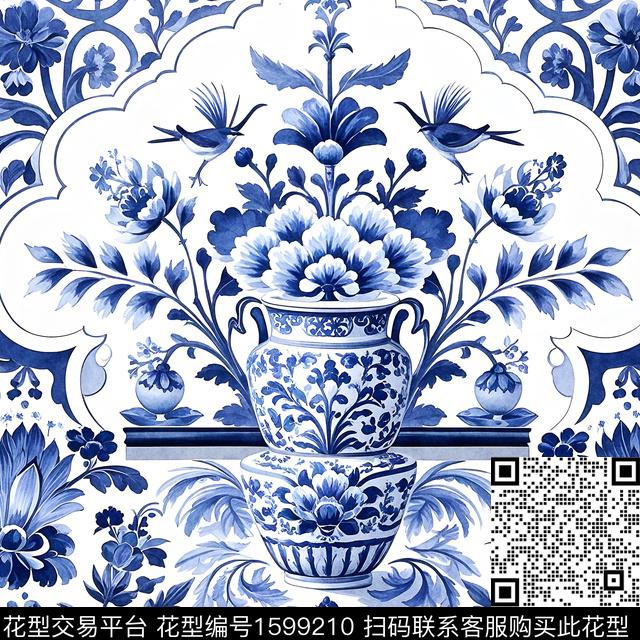 中国风花鸟青花瓷数码印花花型下载（图片编号: 1599210） - 瓦栏（Walan）