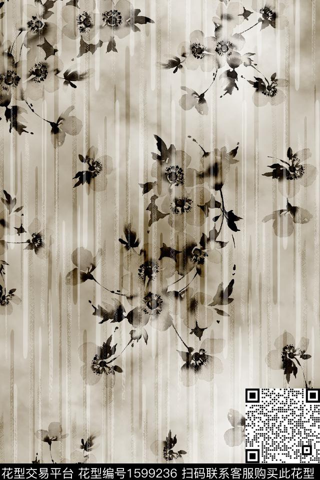 花卉水墨风条纹数码印花花型下载（图片编号: 1599236） - 瓦栏（Walan）