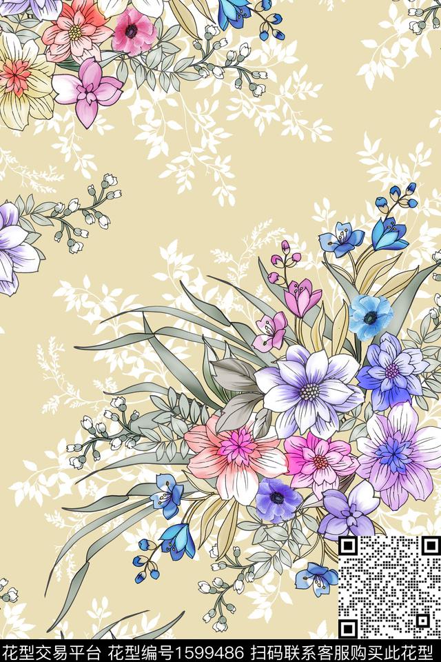 剪影花卉春夏花型数码印花花型下载（图片编号: 1599486） - 瓦栏（Walan）