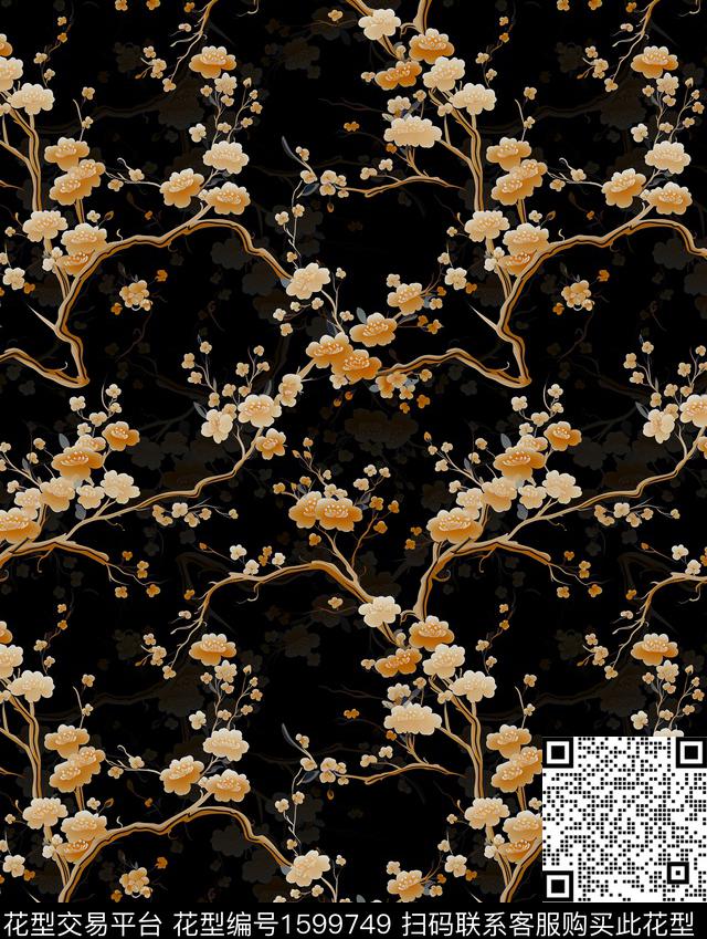 梅花枝条花黑底花卉数码印花花型下载（图片编号: 1599749） - 瓦栏（Walan）