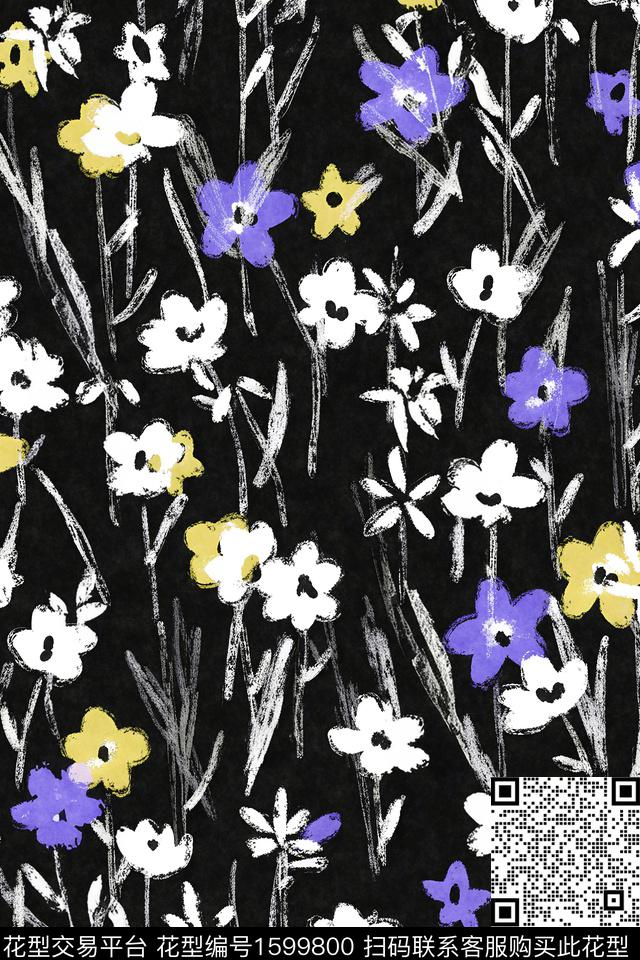 小碎花手绘花卉黑底花卉数码印花花型下载（图片编号: 1599800） - 瓦栏（Walan）