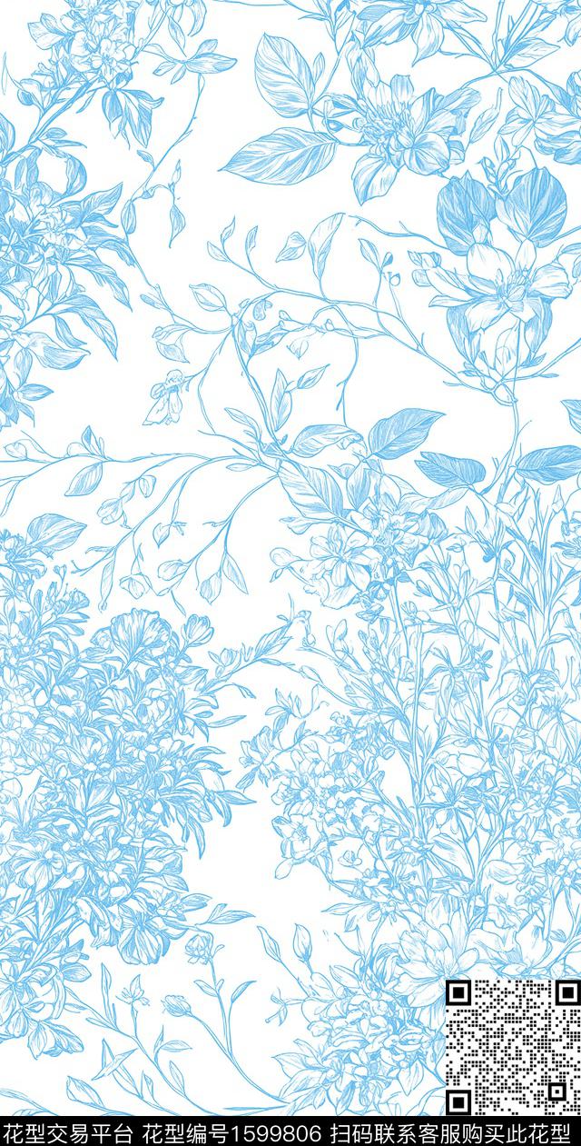 花卉线条花数码印花花型下载（图片编号: 1599806） - 瓦栏（Walan）