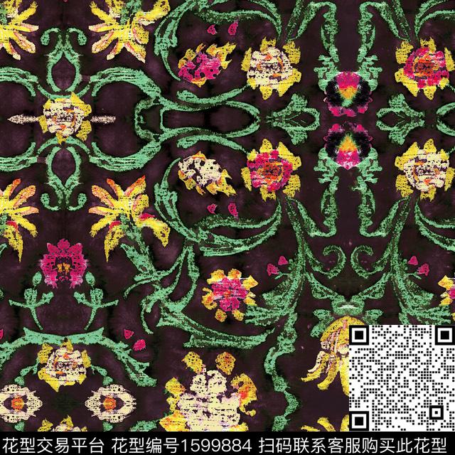 民族风花卉卷草数码印花花型下载（图片编号: 1599884） - 瓦栏（Walan）