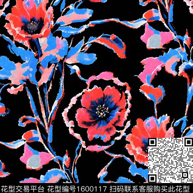 手绘花卉复古油画花型数码印花花型下载（图片编号: 1600117） - 瓦栏（Walan）