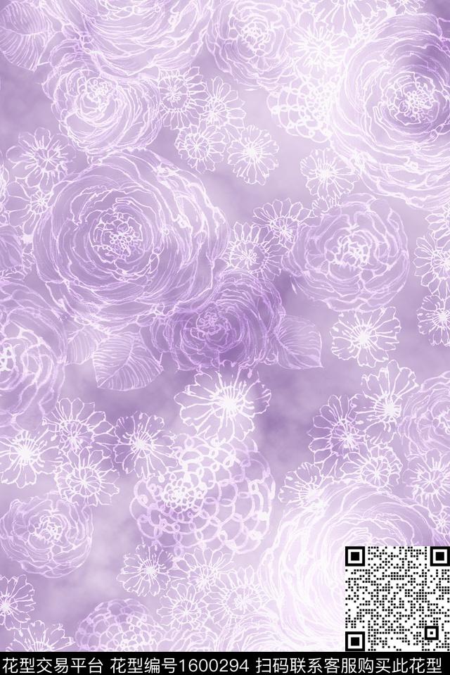 花卉水彩花卉线条花卉数码印花花型下载（图片编号: 1600294） - 瓦栏（Walan）