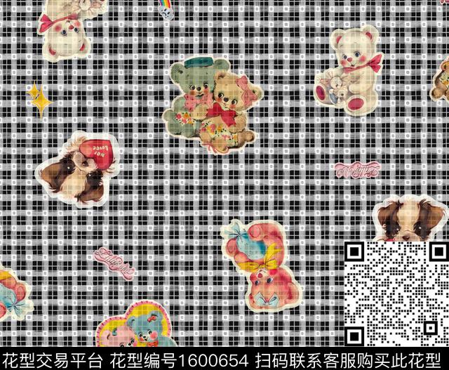 熊卡通人物格子数码印花花型下载（图片编号: 1600654） - 瓦栏（Walan）