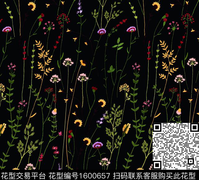 黑底花卉花卉小花数码印花花型下载（图片编号: 1600657） - 瓦栏（Walan）
