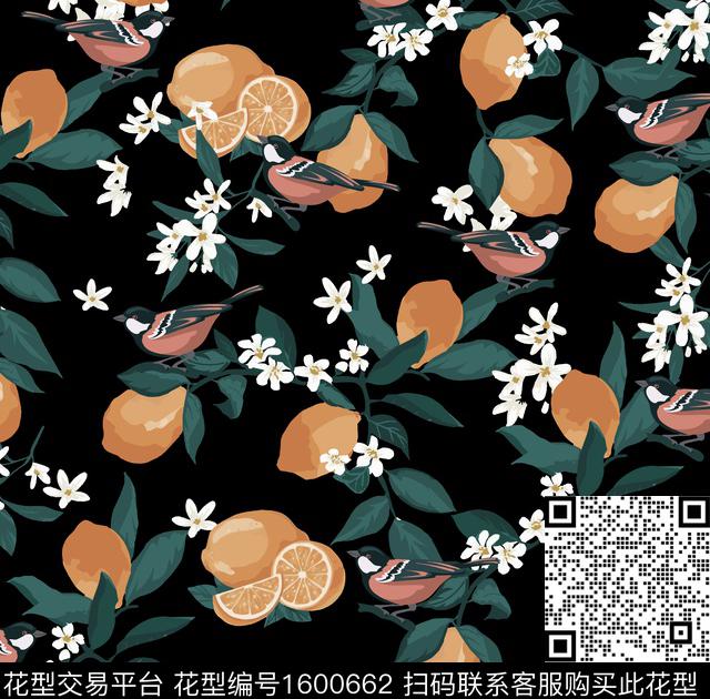 黑底花卉花卉柠檬数码印花花型下载（图片编号: 1600662） - 瓦栏（Walan）