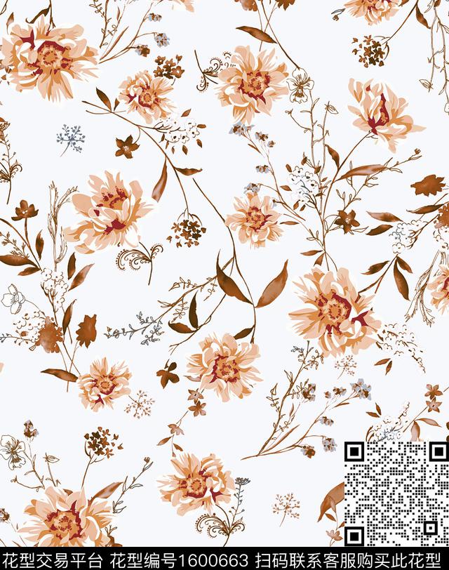 小清新花卉白底花数码印花花型下载（图片编号: 1600663） - 瓦栏（Walan）