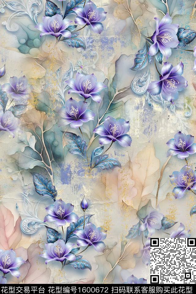 风格化花卉花卉水彩笔触数码印花花型下载（图片编号: 1600672） - 瓦栏（Walan）