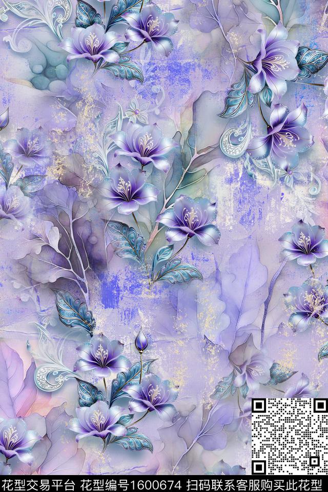 风格化花卉花卉宫廷风数码印花花型下载（图片编号: 1600674） - 瓦栏（Walan）