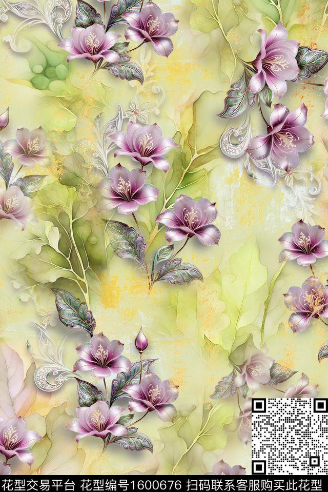 风格化花卉花卉宫廷风数码印花花型下载（图片编号: 1600676） - 瓦栏（Walan）