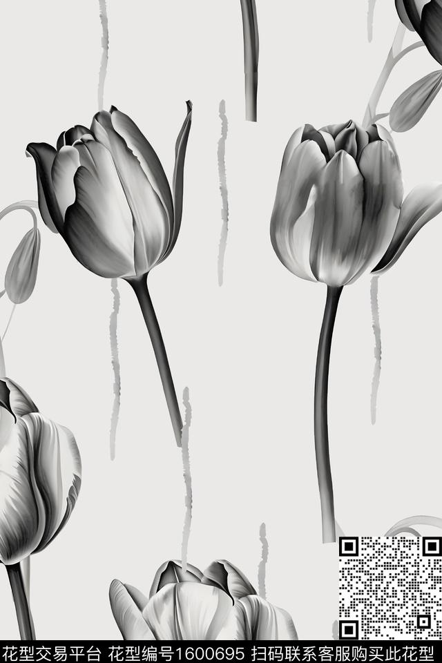 线条花卉黑白花型数码印花花型下载（图片编号: 1600695） - 瓦栏（Walan）