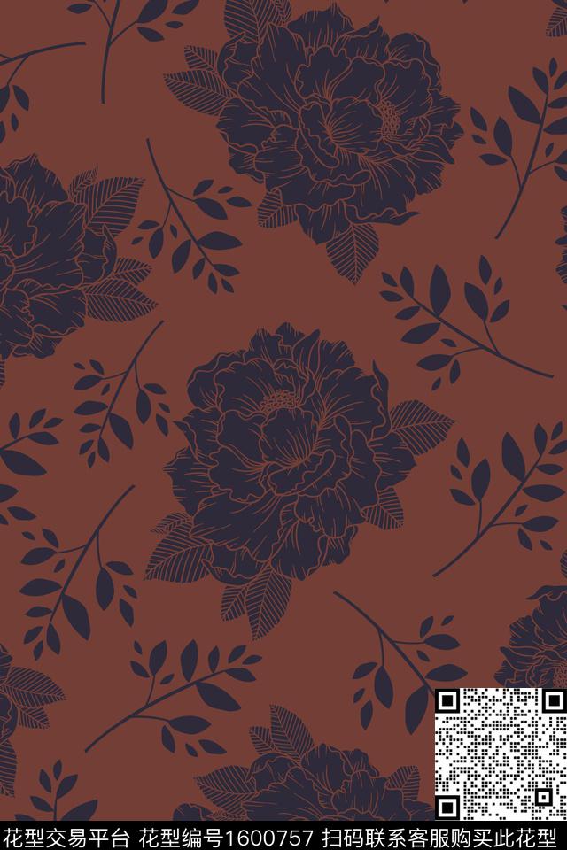 花卉单色复古传统印花花型下载（图片编号: 1600757） - 瓦栏（Walan）
