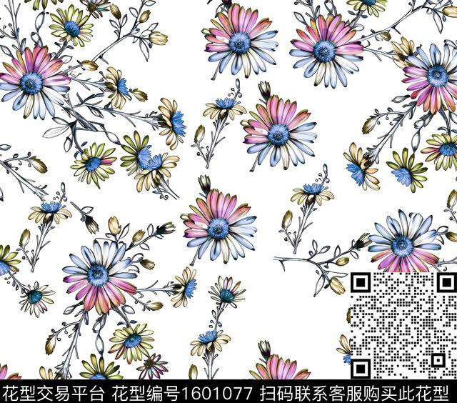 菊花花卉清爽底花卉数码印花花型下载（图片编号: 1601077） - 瓦栏（Walan）