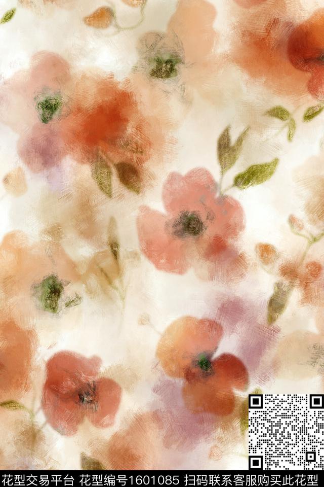 晕染肌理水彩花卉朦胧花卉数码印花花型下载（图片编号: 1601085） - 瓦栏（Walan）
