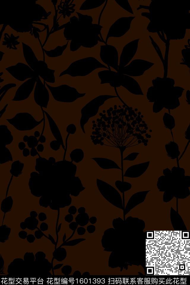 剪影黑底花卉花卉数码印花花型下载（图片编号: 1601393） - 瓦栏（Walan）