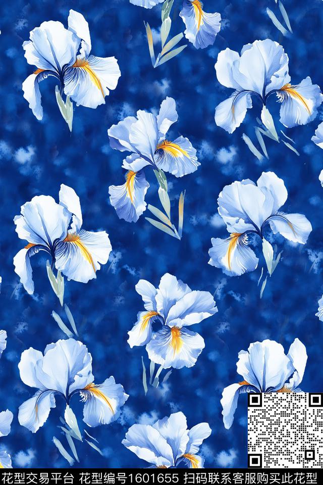 鸢尾花水彩花卉晕染肌理数码印花花型下载（图片编号: 1601655） - 瓦栏（Walan）