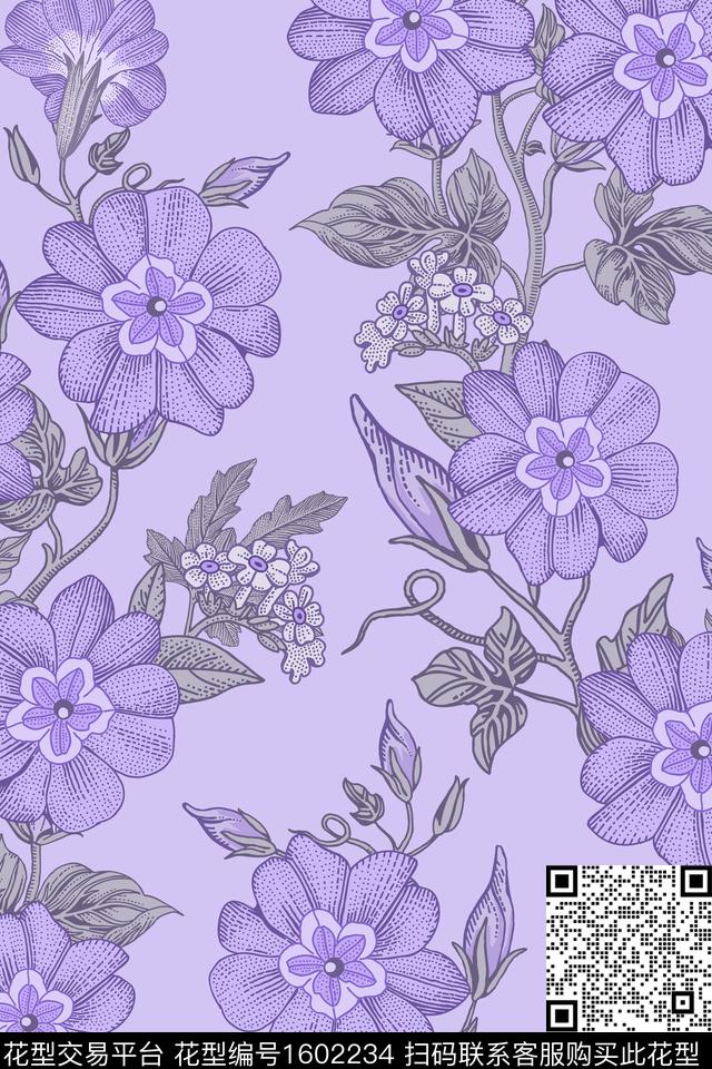 花卉工笔画清爽底花卉传统印花花型下载（图片编号: 1602234） - 瓦栏（Walan）