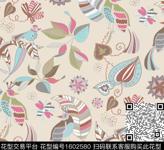 叶子鸟花卉数码印花花型下载（图片编号: 1602580） - 瓦栏（Walan）