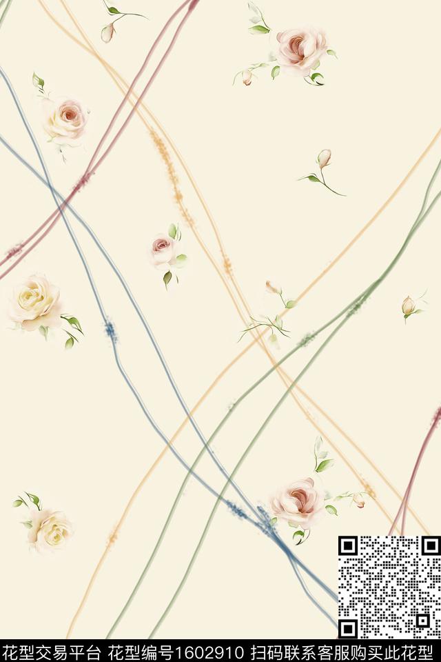 花卉线条清爽数码印花花型下载（图片编号: 1602910） - 瓦栏（Walan）