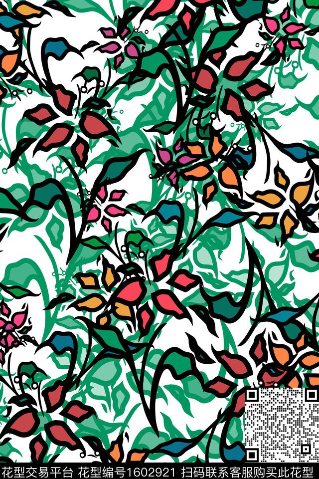 花卉抽象花卉描边传统印花花型下载（图片编号: 1602921） - 瓦栏（Walan）