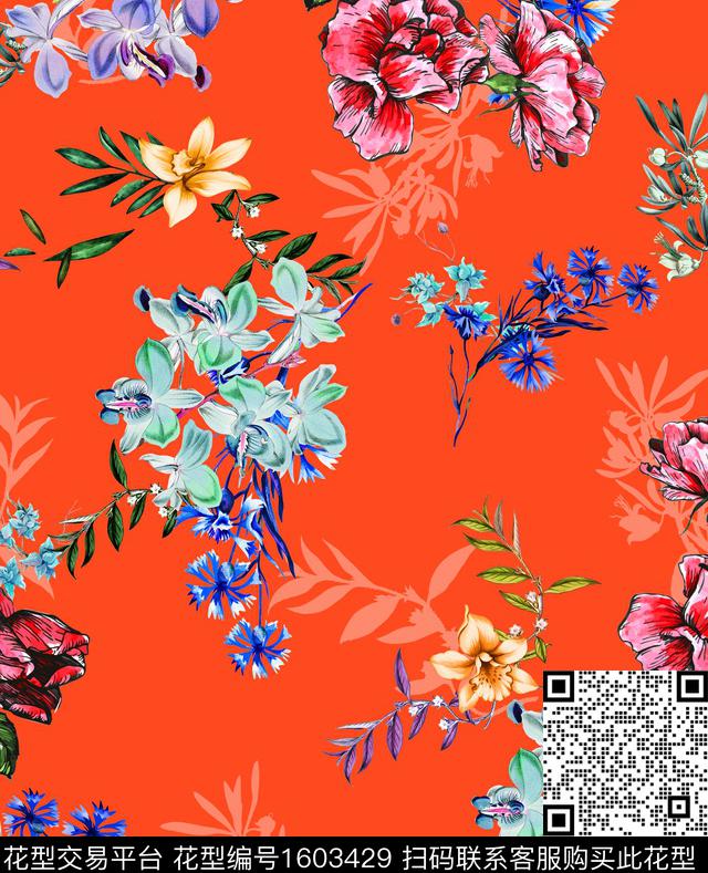 花卉复古橙色背景数码印花花型下载（图片编号: 1603429） - 瓦栏（Walan）