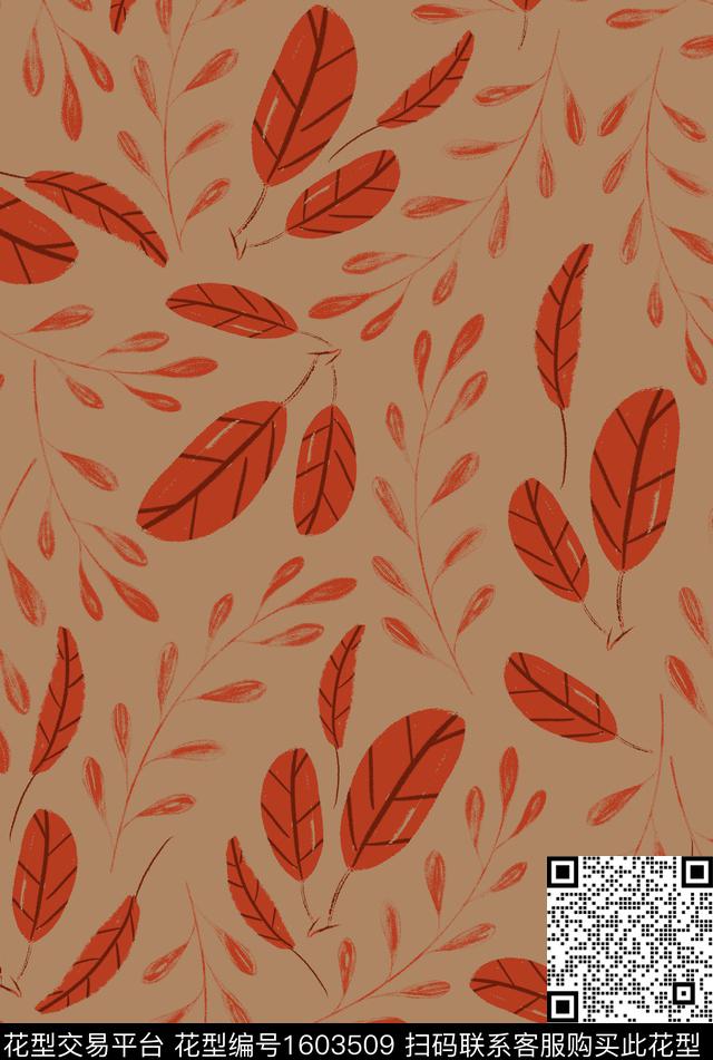 复古绿植树叶数码印花花型下载（图片编号: 1603509） - 瓦栏（Walan）