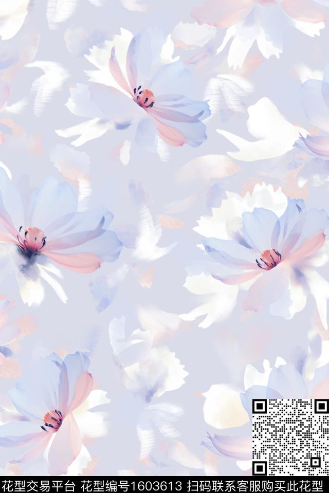 花卉水彩笔触简影数码印花花型下载（图片编号: 1603613） - 瓦栏（Walan）