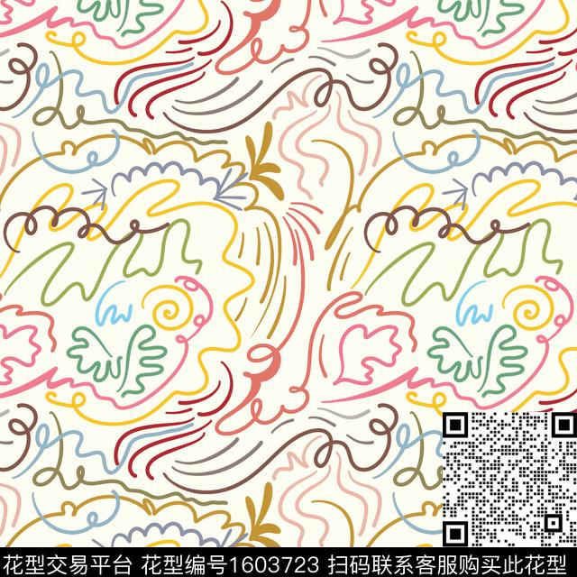 线条画抽象小清新数码印花花型下载（图片编号: 1603723） - 瓦栏（Walan）