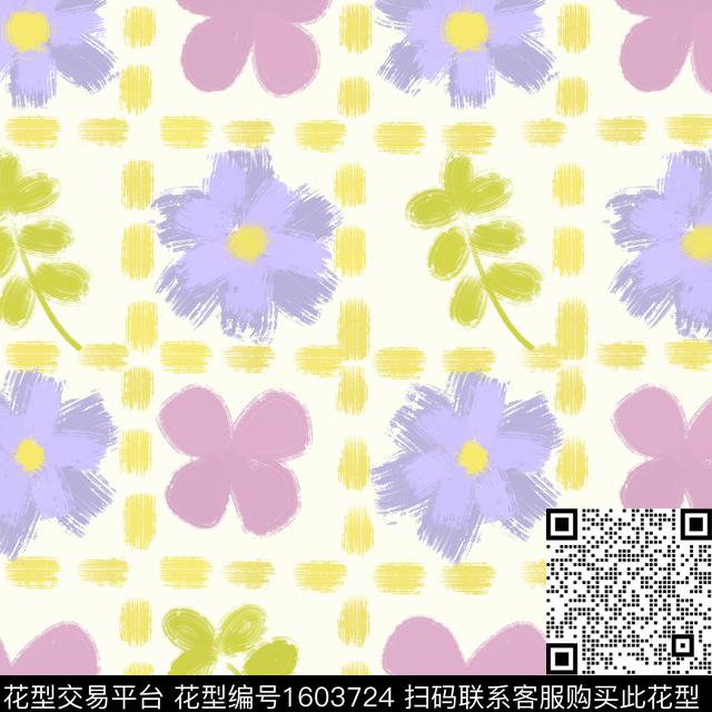 花卉格子笔触数码印花花型下载（图片编号: 1603724） - 瓦栏（Walan）