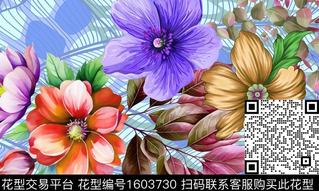 花卉线条纹理数码印花花型下载（图片编号: 1603730） - 瓦栏（Walan）