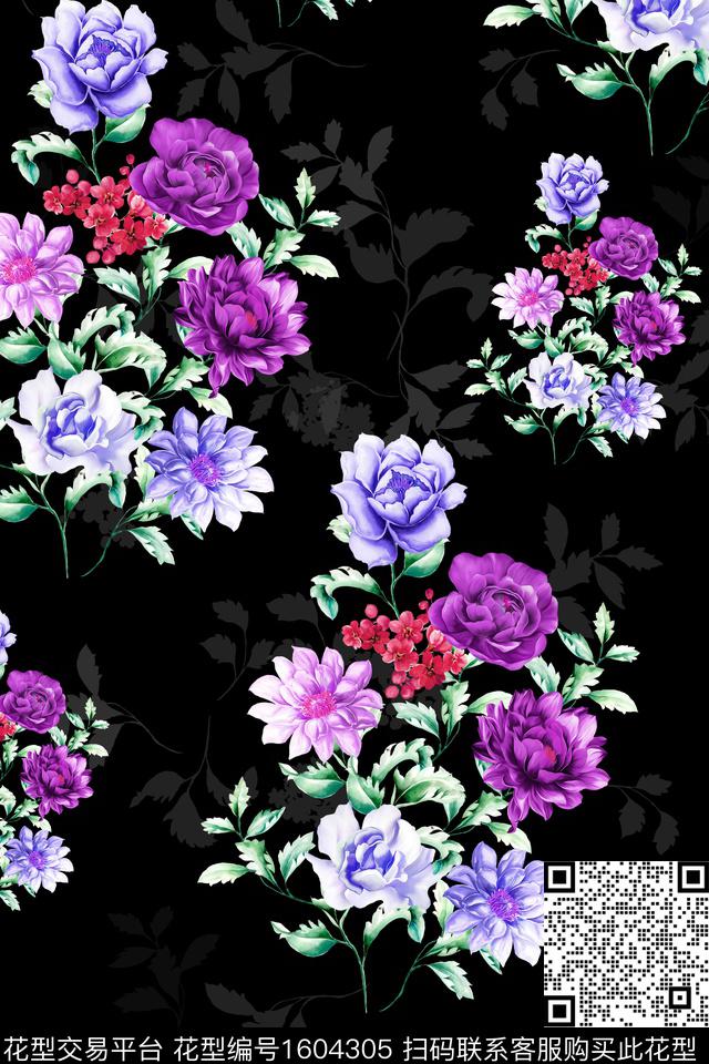 影花黑底花卉花卉数码印花花型下载（图片编号: 1604305） - 瓦栏（Walan）