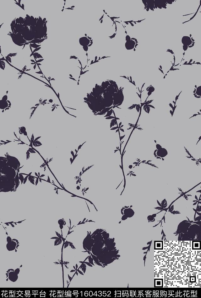 剪影花卉黑白花型数码印花花型下载（图片编号: 1604352） - 瓦栏（Walan）