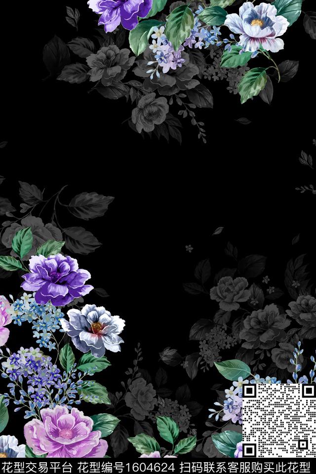影花黑底花卉花卉数码印花花型下载（图片编号: 1604624） - 瓦栏（Walan）