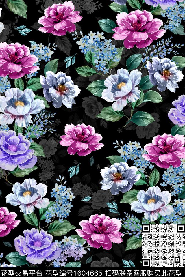 影花黑底花卉花卉数码印花花型下载（图片编号: 1604665） - 瓦栏（Walan）