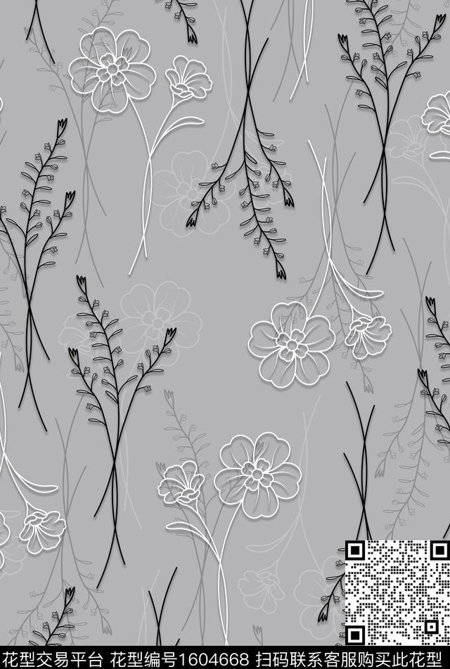 影花花卉线条花卉数码印花花型下载（图片编号: 1604668） - 瓦栏（Walan）