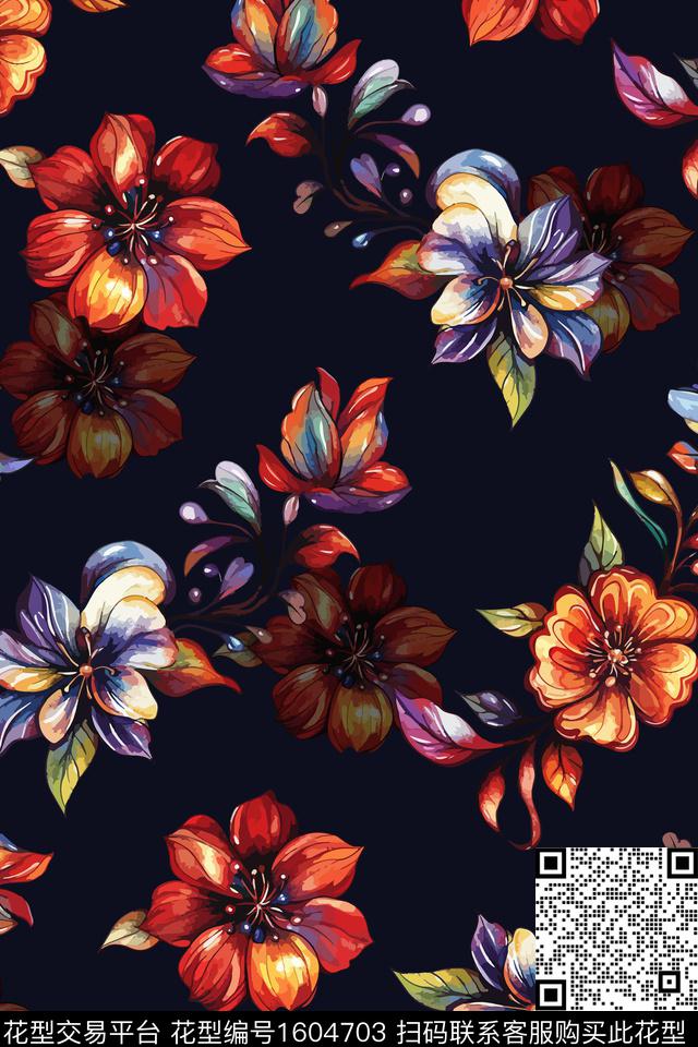 花卉女装黑底花卉数码印花花型下载（图片编号: 1604703） - 瓦栏（Walan）