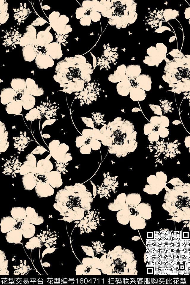 花卉黑底花卉复古数码印花花型下载（图片编号: 1604711） - 瓦栏（Walan）