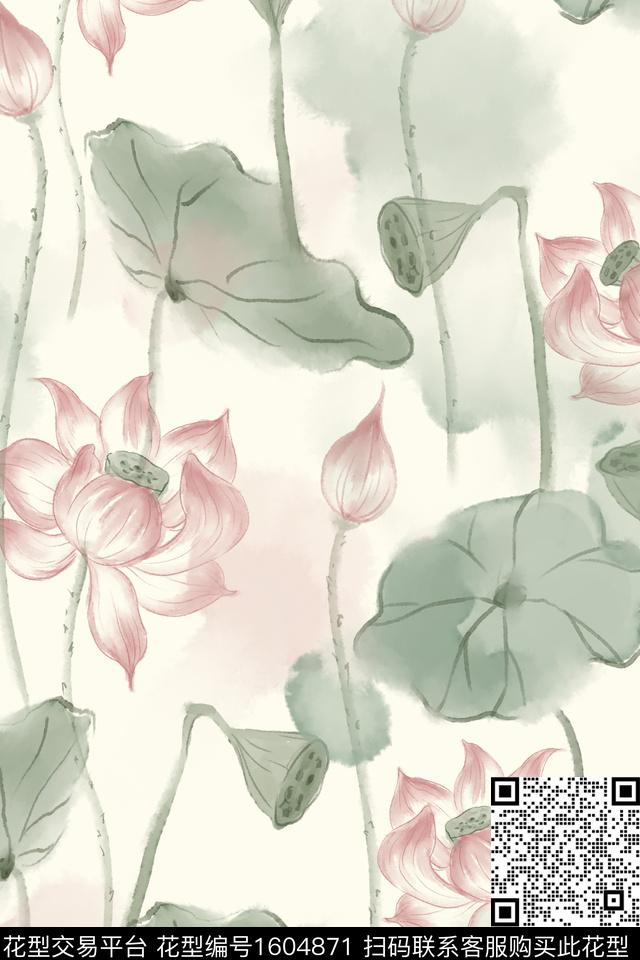 荷花水墨风中国风数码印花花型下载（图片编号: 1604871） - 瓦栏（Walan）