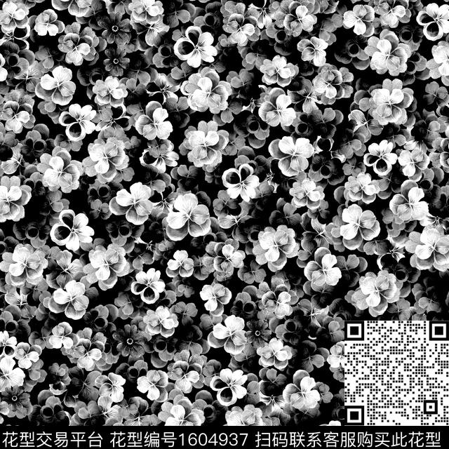 花卉小碎花黑白花型数码印花花型下载（图片编号: 1604937） - 瓦栏（Walan）