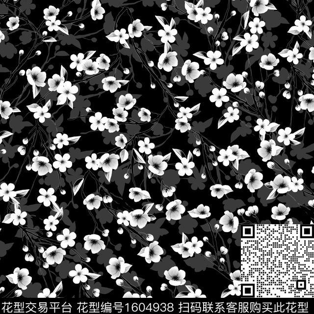 花卉小碎花黑白花型数码印花花型下载（图片编号: 1604938） - 瓦栏（Walan）