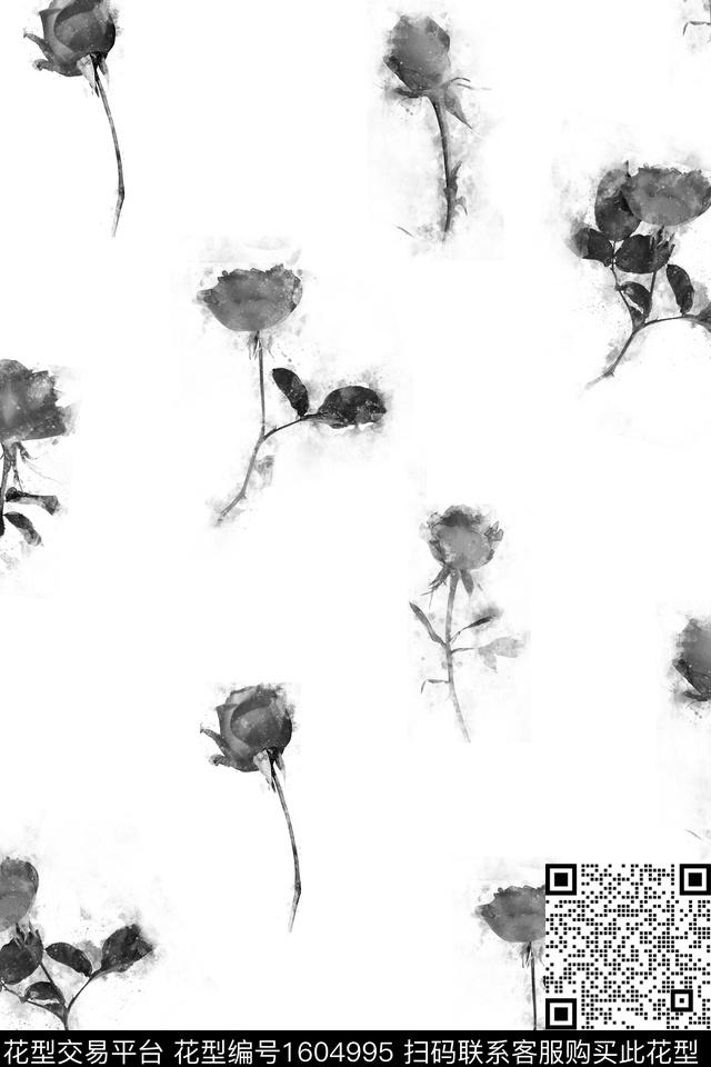 水墨风花卉黑白花型数码印花花型下载（图片编号: 1604995） - 瓦栏（Walan）