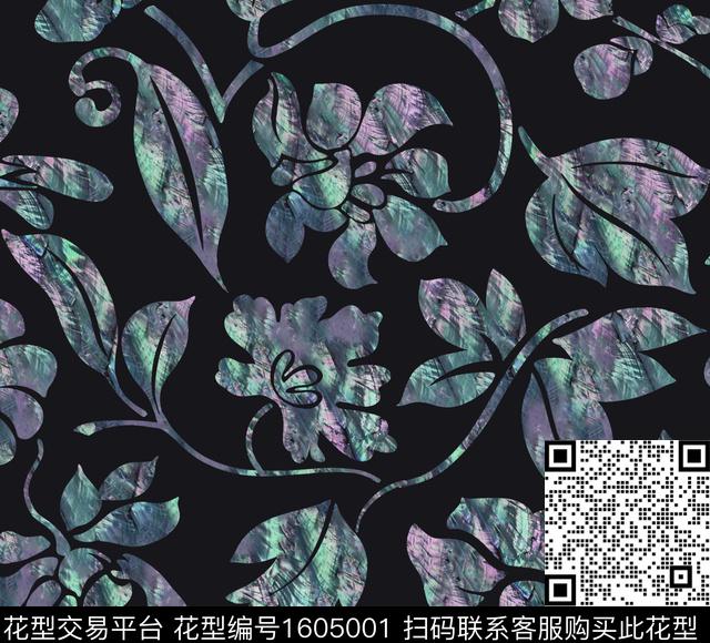 花卉黑底花卉剪影数码印花花型下载（图片编号: 1605001） - 瓦栏（Walan）