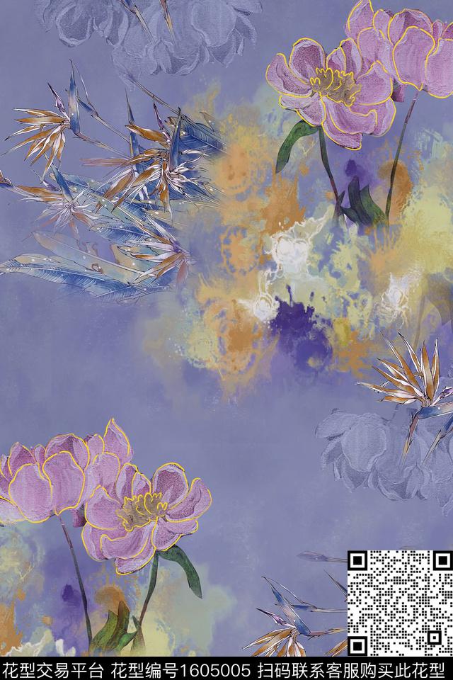 中国风荷花天堂鸟数码印花花型下载（图片编号: 1605005） - 瓦栏（Walan）