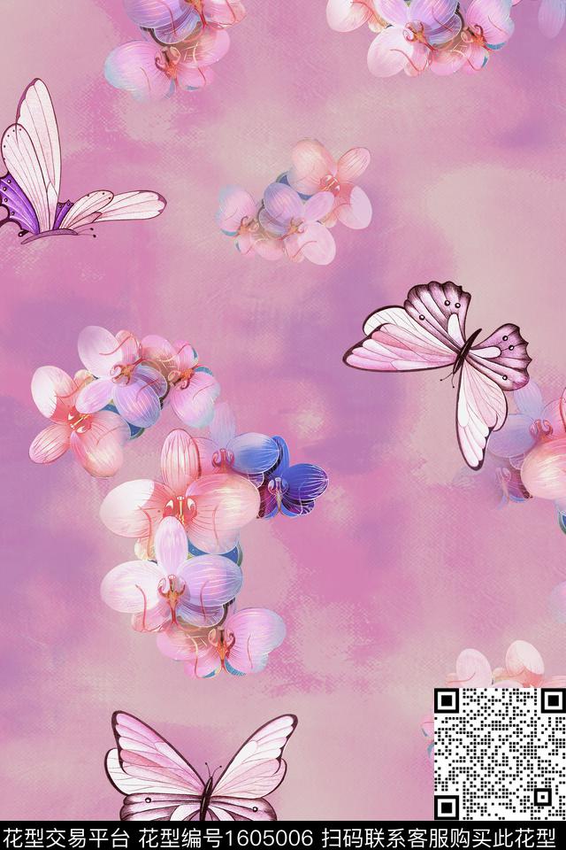 晕染肌理花卉蝴蝶数码印花花型下载（图片编号: 1605006） - 瓦栏（Walan）