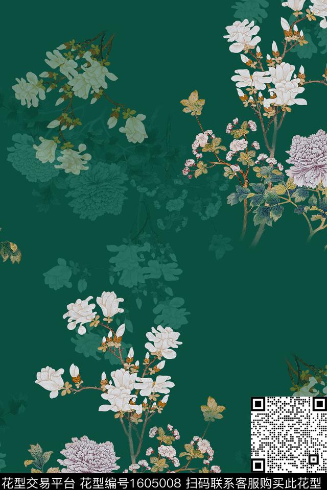 植物花卉旗袍数码印花花型下载（图片编号: 1605008） - 瓦栏（Walan）