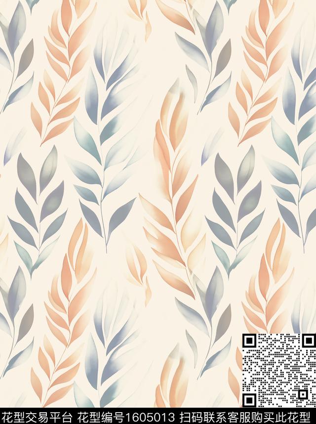 素雅绿植树叶水彩数码印花花型下载（图片编号: 1605013） - 瓦栏（Walan）